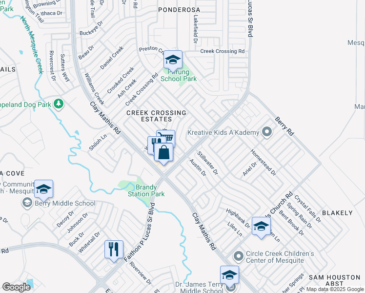 map of restaurants, bars, coffee shops, grocery stores, and more near 2608 Austin Drive in Mesquite