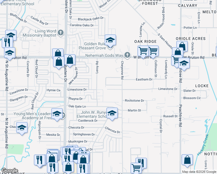 map of restaurants, bars, coffee shops, grocery stores, and more near 10710 Rockingham Street in Dallas