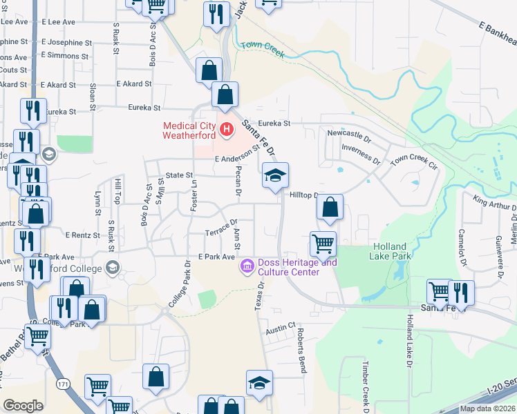 map of restaurants, bars, coffee shops, grocery stores, and more near 816 Hilltop Drive in Weatherford