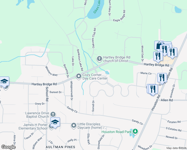 map of restaurants, bars, coffee shops, grocery stores, and more near 3590 Hartley Bridge Road in Macon