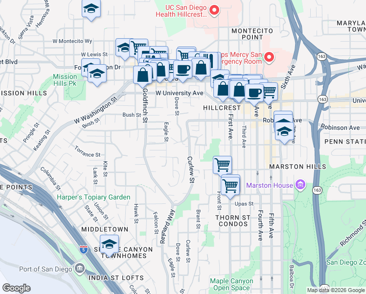 map of restaurants, bars, coffee shops, grocery stores, and more near 3674 Curlew Street in San Diego