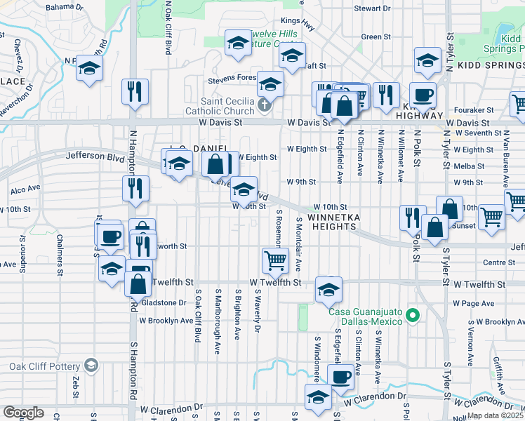 map of restaurants, bars, coffee shops, grocery stores, and more near 1720 West 10th Street in Dallas