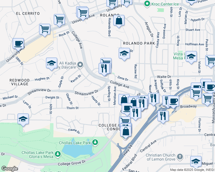 map of restaurants, bars, coffee shops, grocery stores, and more near 3550 Sparling Street in San Diego
