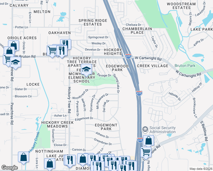 map of restaurants, bars, coffee shops, grocery stores, and more near 1221 Woodcrest Drive in Mesquite