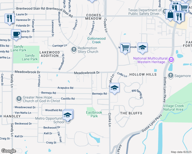 map of restaurants, bars, coffee shops, grocery stores, and more near 34 Meadowbrook Gardens Drive in Fort Worth