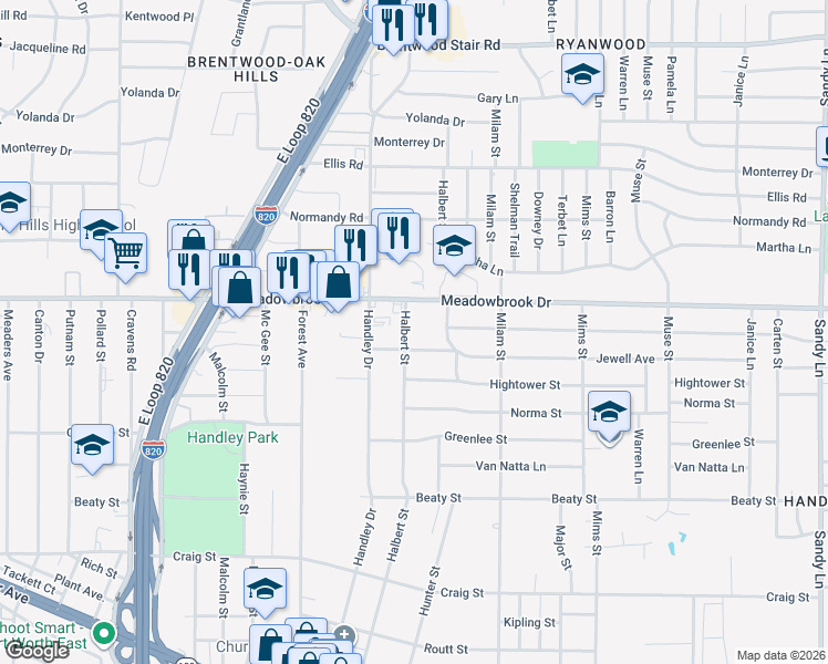 map of restaurants, bars, coffee shops, grocery stores, and more near 2324 Halbert Street in Fort Worth