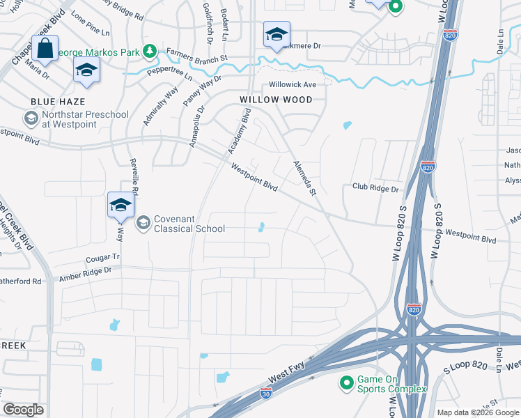map of restaurants, bars, coffee shops, grocery stores, and more near 9901-10039 Westpoint Blvd in Fort Worth