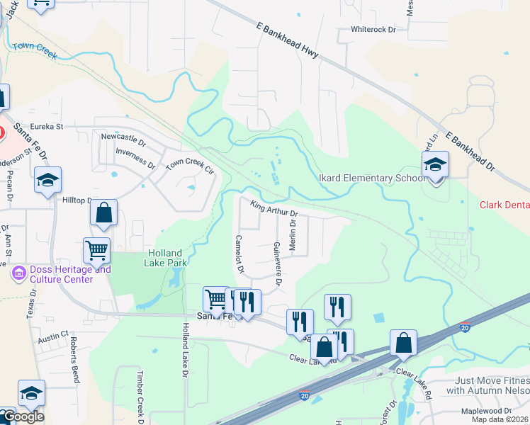 map of restaurants, bars, coffee shops, grocery stores, and more near 101 King Arthur Court in Weatherford