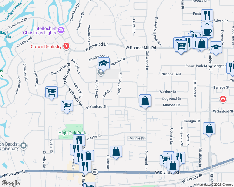 map of restaurants, bars, coffee shops, grocery stores, and more near 804 Tanglewood Lane in Arlington