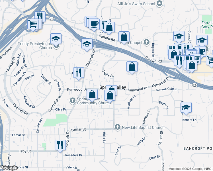 map of restaurants, bars, coffee shops, grocery stores, and more near 9210 Kenwood Drive in Spring Valley