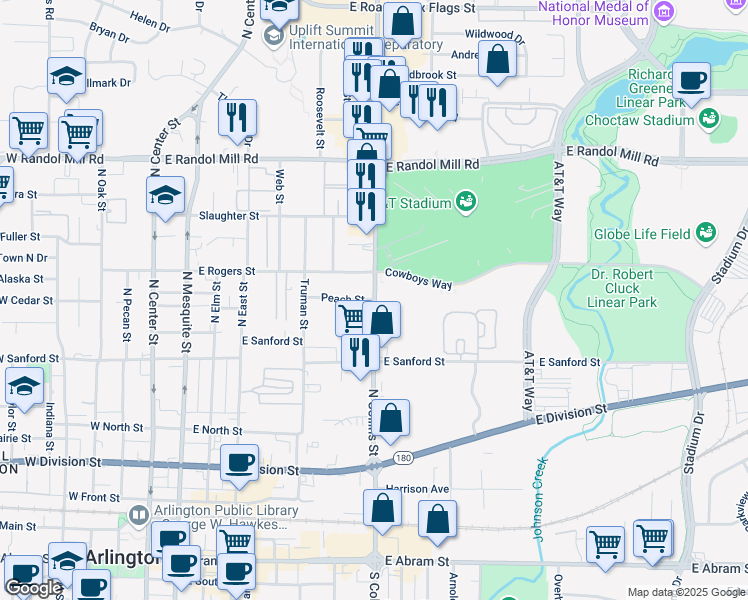 map of restaurants, bars, coffee shops, grocery stores, and more near N Collins St & Peach St in Arlington