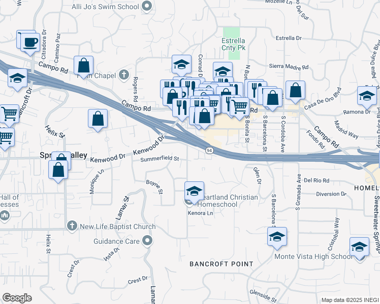 map of restaurants, bars, coffee shops, grocery stores, and more near 3591 Kenora Drive in Spring Valley