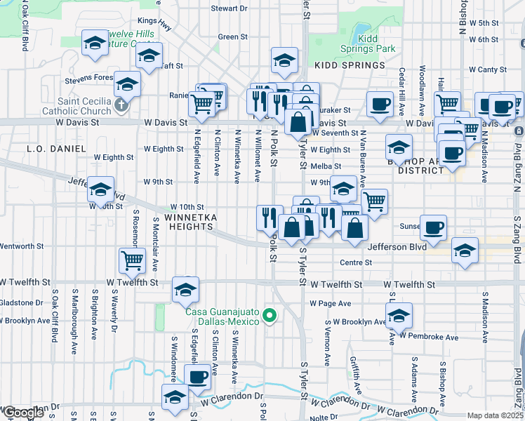 map of restaurants, bars, coffee shops, grocery stores, and more near 102 South Willomet Avenue in Dallas