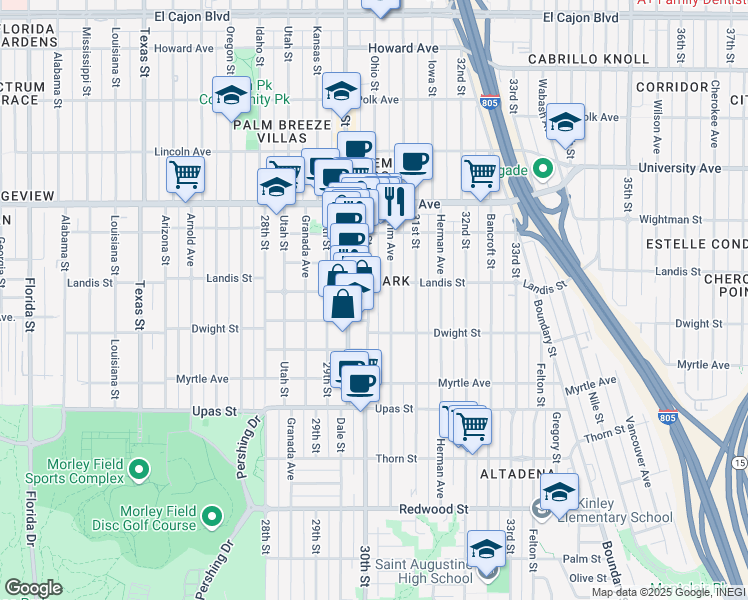 map of restaurants, bars, coffee shops, grocery stores, and more near 3665 Ray Street in San Diego