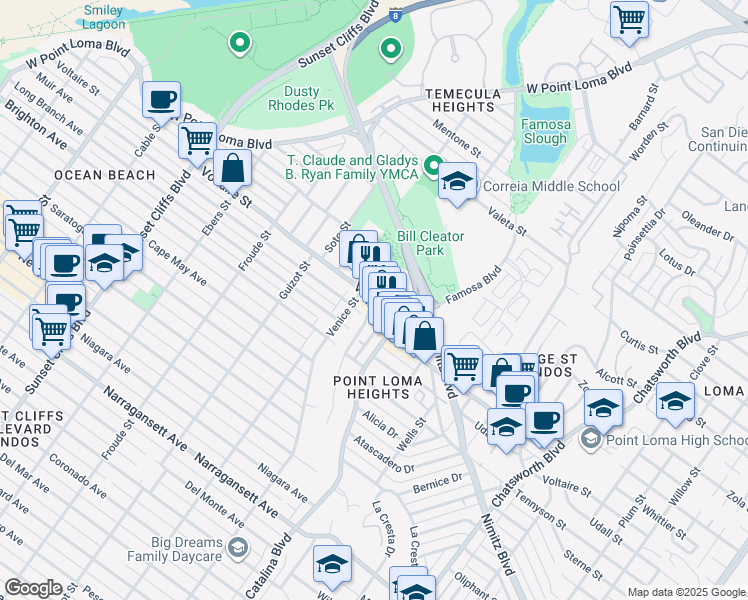 map of restaurants, bars, coffee shops, grocery stores, and more near 4294 Voltaire Street in San Diego