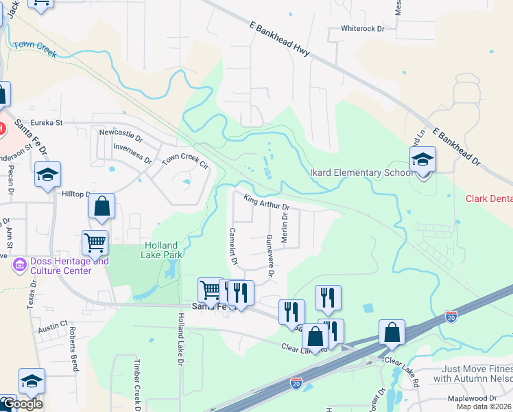 map of restaurants, bars, coffee shops, grocery stores, and more near 104 King Arthur Court in Weatherford