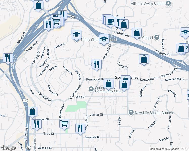 map of restaurants, bars, coffee shops, grocery stores, and more near 3519 Gracia Paseo in Spring Valley
