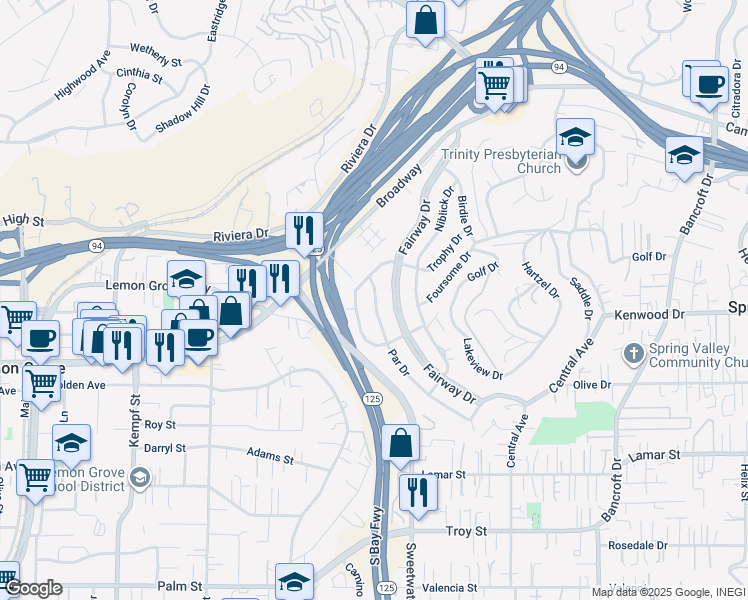 map of restaurants, bars, coffee shops, grocery stores, and more near 3450 Par Drive in La Mesa