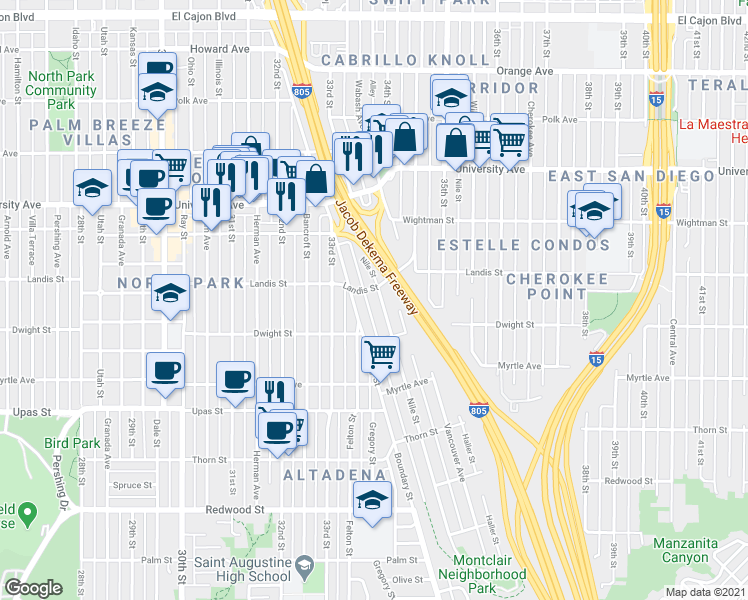 map of restaurants, bars, coffee shops, grocery stores, and more near 3677 Boundary Street in San Diego