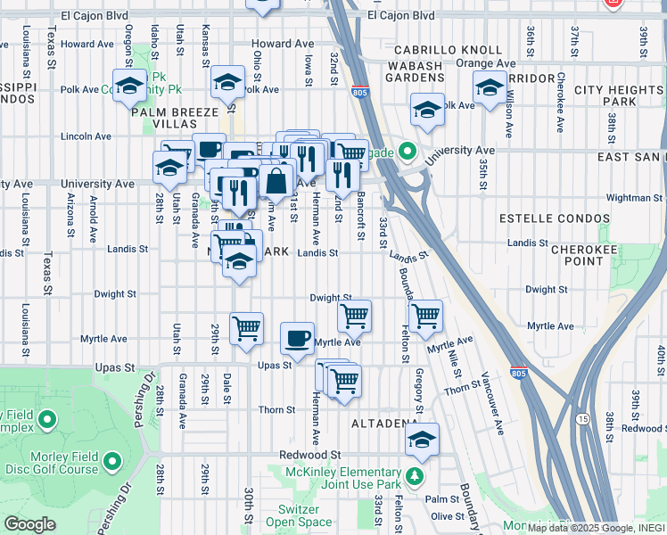 map of restaurants, bars, coffee shops, grocery stores, and more near 3659 Herman Avenue in San Diego
