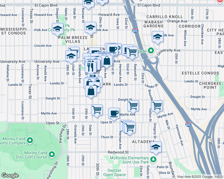 map of restaurants, bars, coffee shops, grocery stores, and more near 3670 31st Street in San Diego