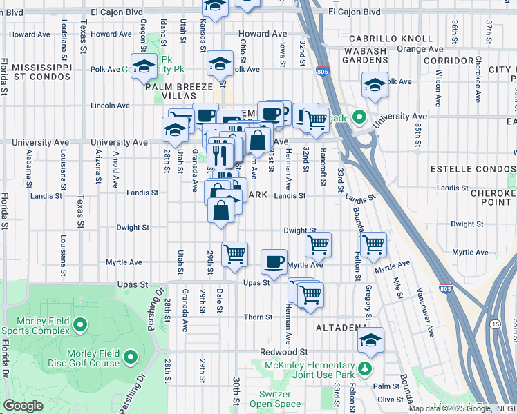 map of restaurants, bars, coffee shops, grocery stores, and more near 3670 31st Street in San Diego