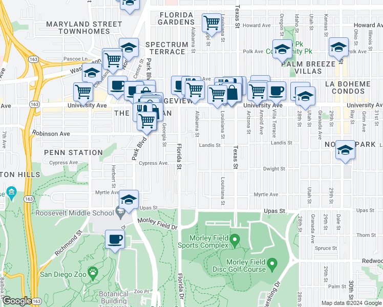 map of restaurants, bars, coffee shops, grocery stores, and more near 3674 Alabama Street in San Diego