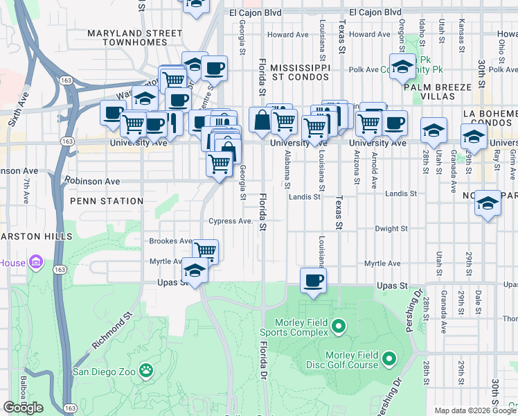 map of restaurants, bars, coffee shops, grocery stores, and more near 1935 Florida Court in San Diego