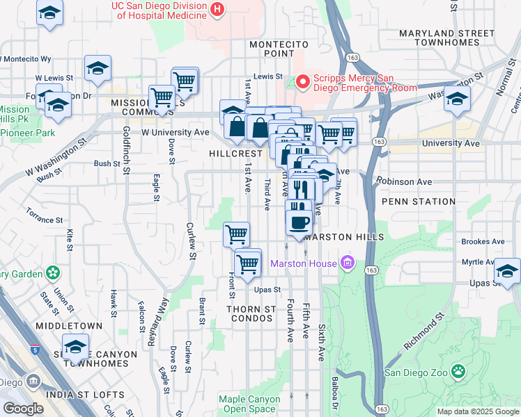 map of restaurants, bars, coffee shops, grocery stores, and more near 3677 1st Avenue in San Diego