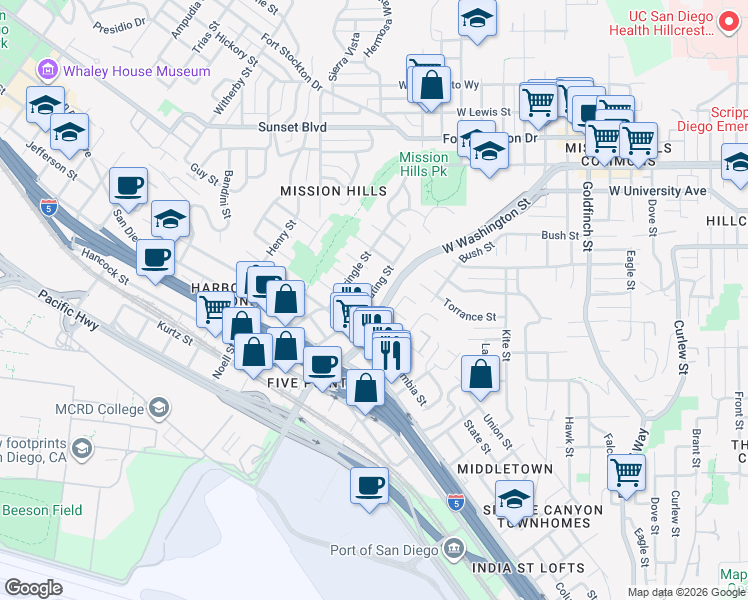 map of restaurants, bars, coffee shops, grocery stores, and more near 1696 Guy Street in San Diego