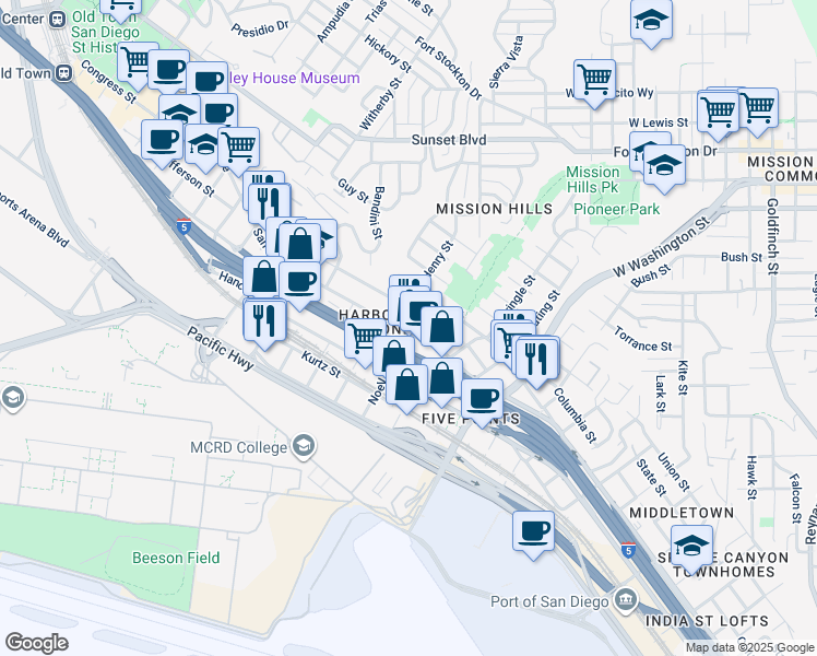 map of restaurants, bars, coffee shops, grocery stores, and more near 1912 San Diego Avenue in San Diego
