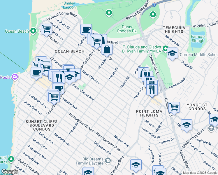 map of restaurants, bars, coffee shops, grocery stores, and more near 4580 Cape May Avenue in San Diego