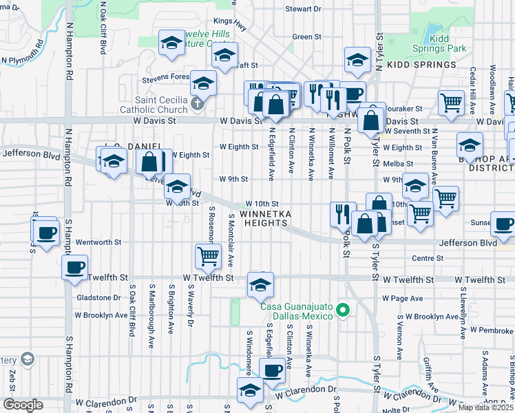 map of restaurants, bars, coffee shops, grocery stores, and more near 1414 West 10th Street in Dallas