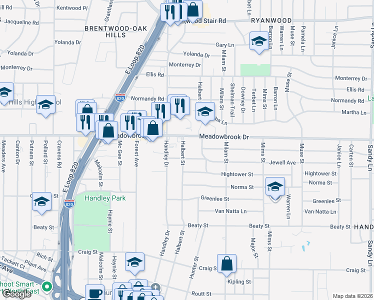 map of restaurants, bars, coffee shops, grocery stores, and more near 2324 Halbert Street in Fort Worth