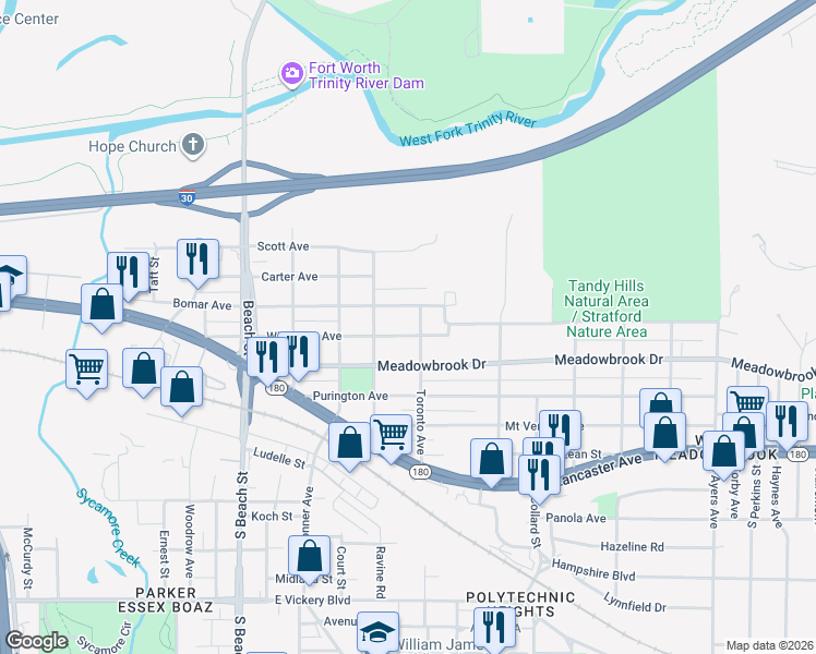 map of restaurants, bars, coffee shops, grocery stores, and more near 3001 Wilkinson Avenue in Fort Worth
