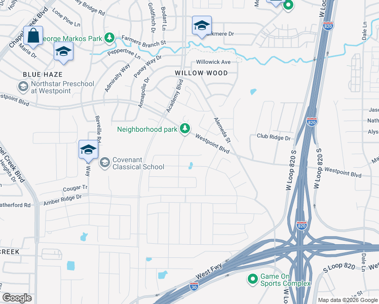 map of restaurants, bars, coffee shops, grocery stores, and more near 9901-10039 Westpoint Blvd in Fort Worth