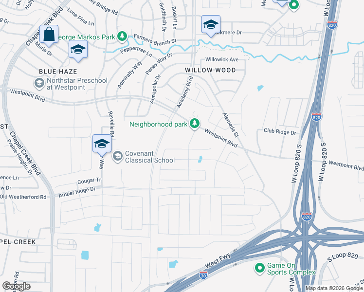 map of restaurants, bars, coffee shops, grocery stores, and more near 1204 Westpoint Boulevard in Fort Worth