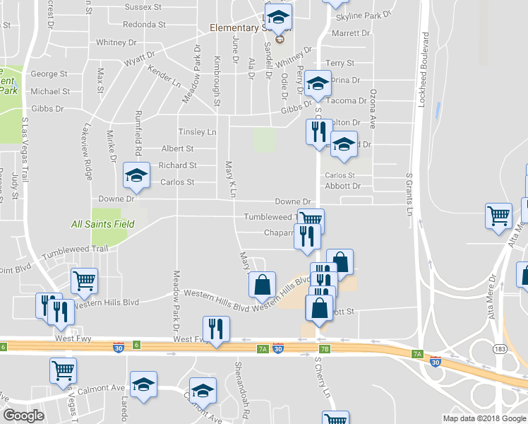 map of restaurants, bars, coffee shops, grocery stores, and more near 8008 Tumbleweed Trail in Fort Worth
