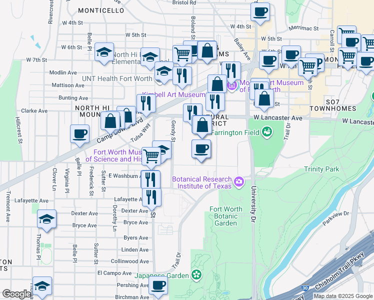 map of restaurants, bars, coffee shops, grocery stores, and more near 3401 West Lancaster Avenue in Fort Worth