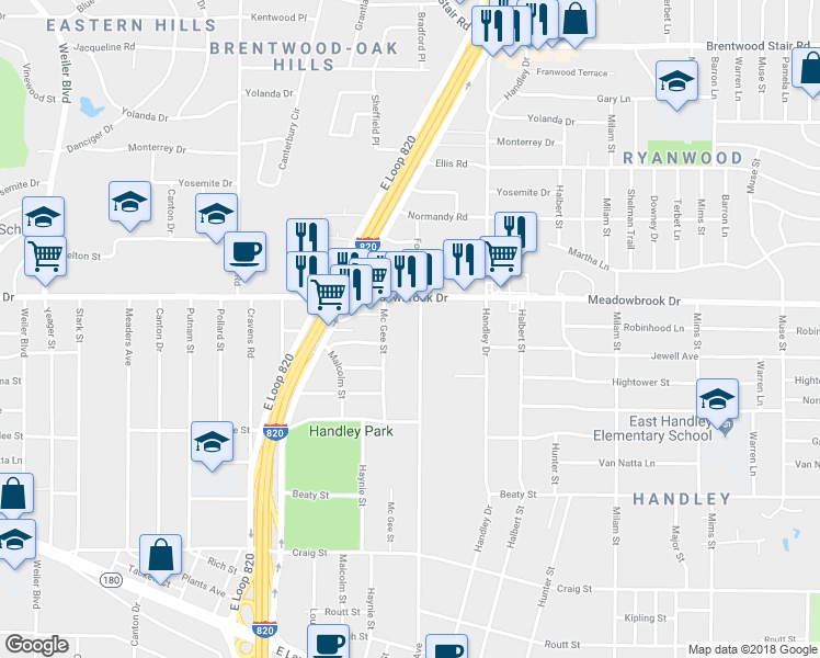 map of restaurants, bars, coffee shops, grocery stores, and more near 2400 Forest Avenue in Fort Worth