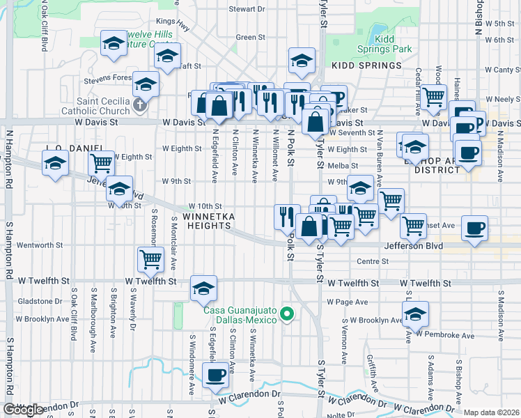 map of restaurants, bars, coffee shops, grocery stores, and more near 102 South Winnetka Avenue in Dallas