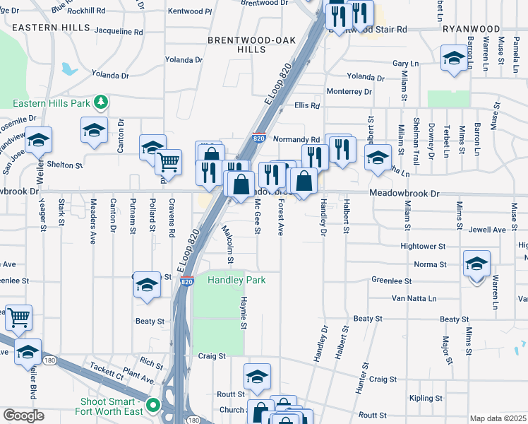 map of restaurants, bars, coffee shops, grocery stores, and more near 2400 Forest Avenue in Fort Worth