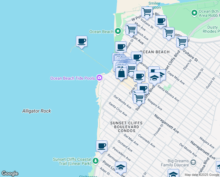 map of restaurants, bars, coffee shops, grocery stores, and more near 5030 Del Monte Avenue in San Diego