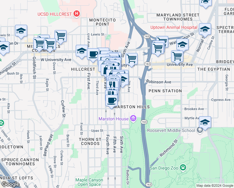 map of restaurants, bars, coffee shops, grocery stores, and more near 515 Pennsylvania Avenue in San Diego