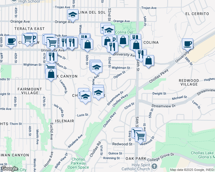 map of restaurants, bars, coffee shops, grocery stores, and more near 3647 Lemona Avenue in San Diego