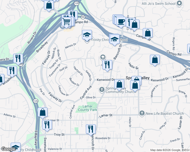 map of restaurants, bars, coffee shops, grocery stores, and more near 3577 Kenwood Drive in Spring Valley