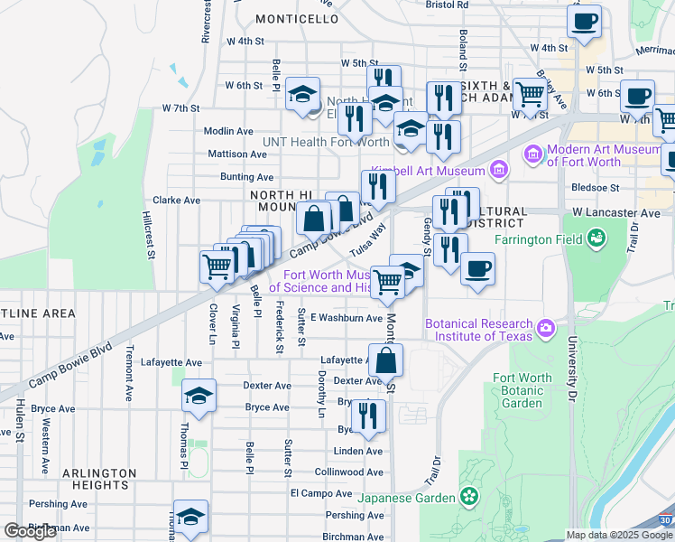 map of restaurants, bars, coffee shops, grocery stores, and more near 3811 Tulsa Way in Fort Worth