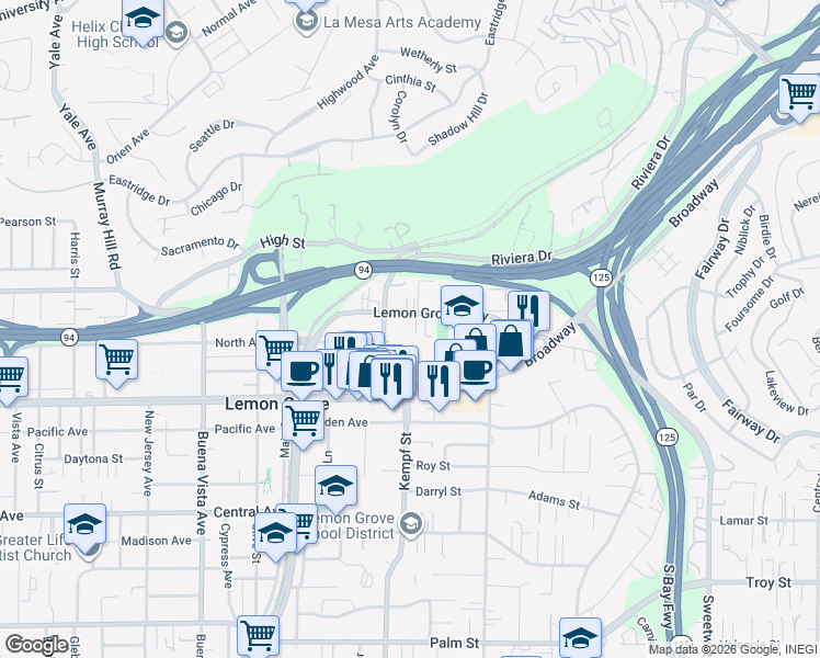 map of restaurants, bars, coffee shops, grocery stores, and more near 3635 Grove Street in Lemon Grove