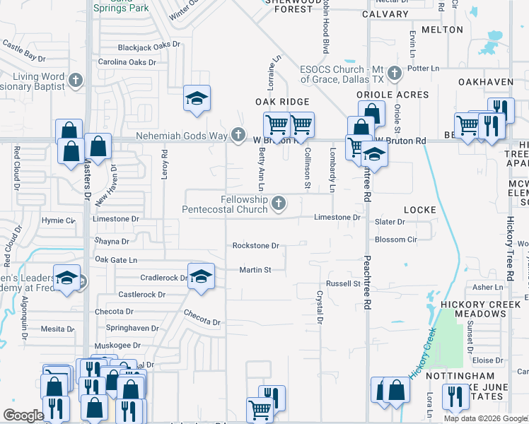 map of restaurants, bars, coffee shops, grocery stores, and more near 11003 Limestone Drive in Balch Springs