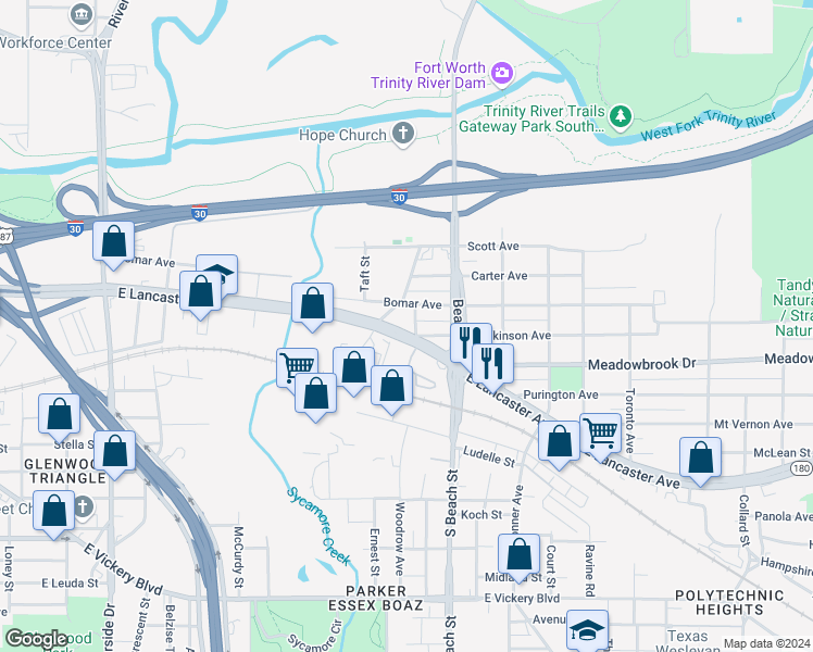 map of restaurants, bars, coffee shops, grocery stores, and more near 2475 East Lancaster Avenue in Fort Worth
